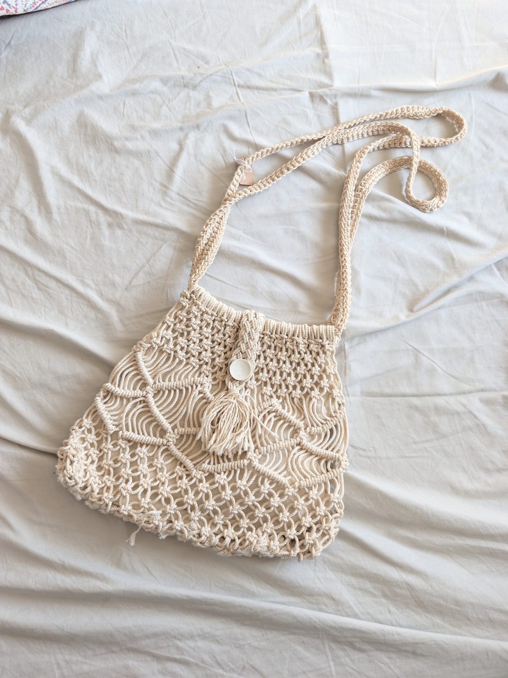 Vintage 70s Handmade Boho Crochet Crossbody Bag - Cream